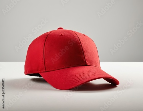 A vibrant red baseball cap placed on a neutral surface, showcasing its sleek design and color. photo