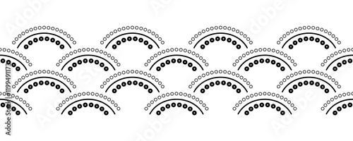 Art Deco black white arches seamless border. Monochrome wavy ornament. Scales ethnic design. Mosaic tiles background. Semicircular and dots elements