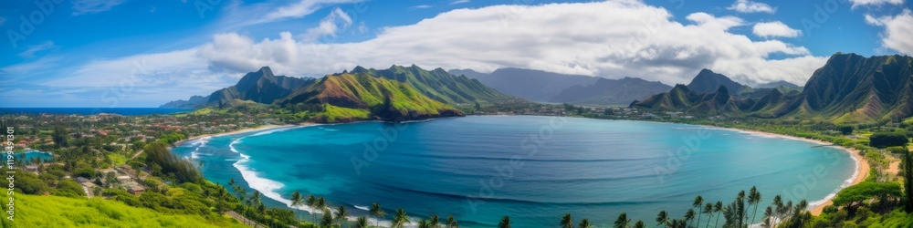 Fototapeta premium Hawaii Panorama: Breathtaking View of the Kauai Ocean and Skyline in Panoramic City Landscape