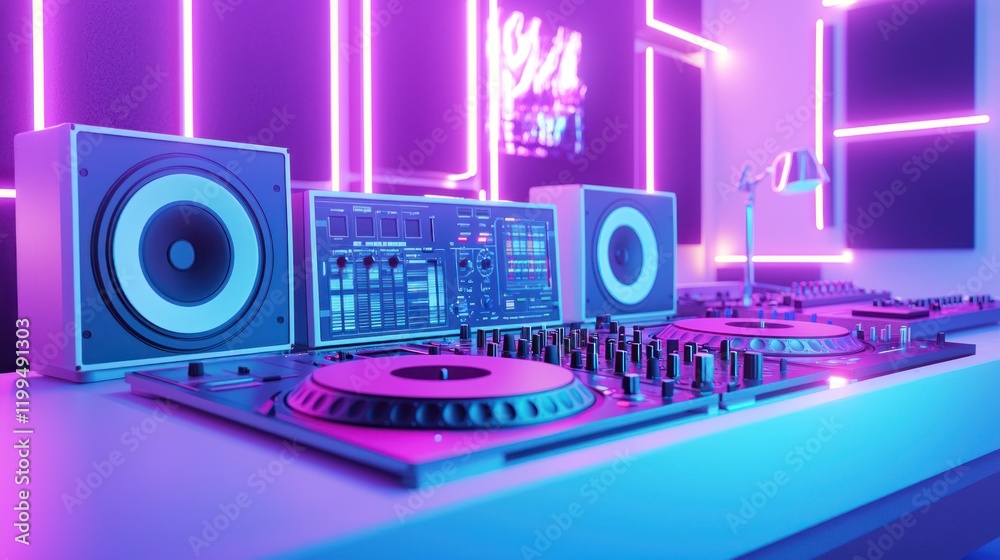 Neon-lit DJ setup with turntables, mixer, and speakers. Neon-lit DJ setup with turntables, mixer, and speakers.
