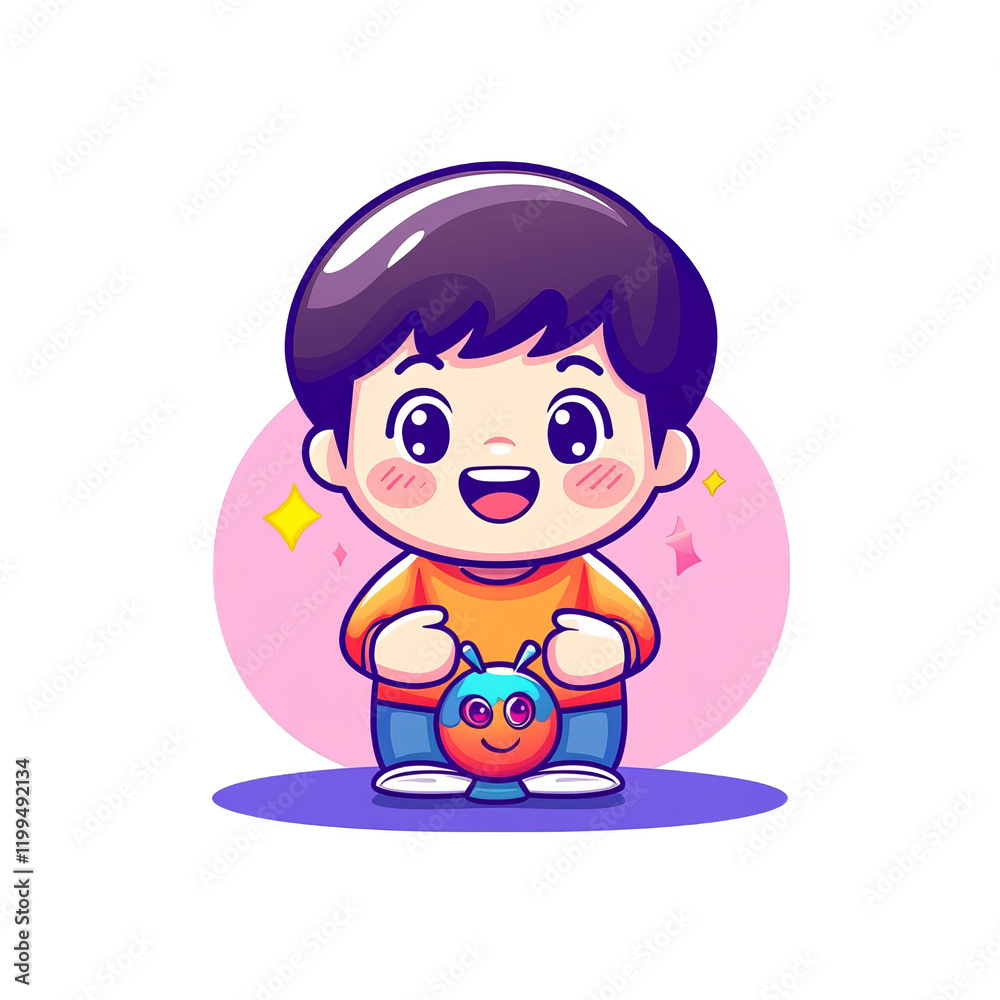 Joyful child playing with a colorful toy bug animated scene playful environment bright colors Joyful child playing with a colorful toy bug animated scene playful environment bright colors