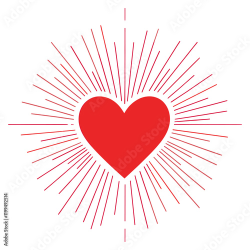 Red heart with rays symbol minimalist radiating vector