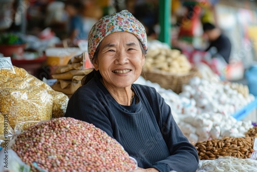 Smiling vendor showcases colorful spices and grains in vibrant m photo