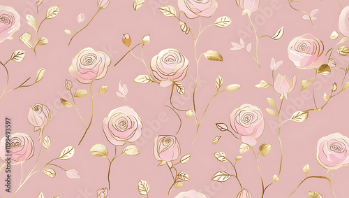 inimalist Floral Pattern with Gold Accents on Pastel Pink