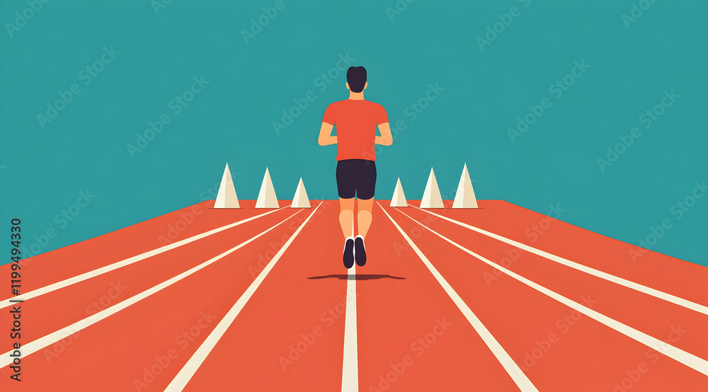 Obraz premium A runner races down a track lined with cones, symbolizing determination and athleticism in a vibrant, minimalist design.