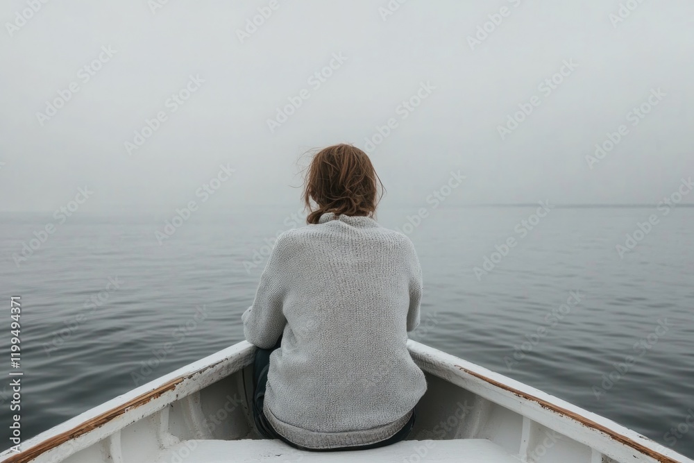 Fototapeta premium Serene scene of solitude on calm waters, enveloped in soft foggy