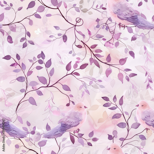 Seamless Playful doves among soft pink and lavender hues create serene scene