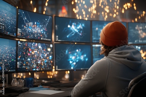Hacker trabajando rodeado de monitores en un entorno de alta tecnología durante la noche photo