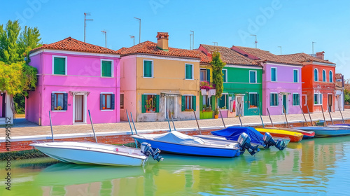 Colorful houses along the canal in Burano, Italy, with boats docked by the water. Vibrant waterfront scene of colorful buildings, a wooden walkway, and boats in Venice, Italy, showcasing Italian archi