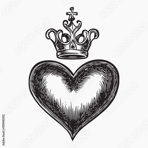 Royal heart with intricate crown, old school tattoo vector