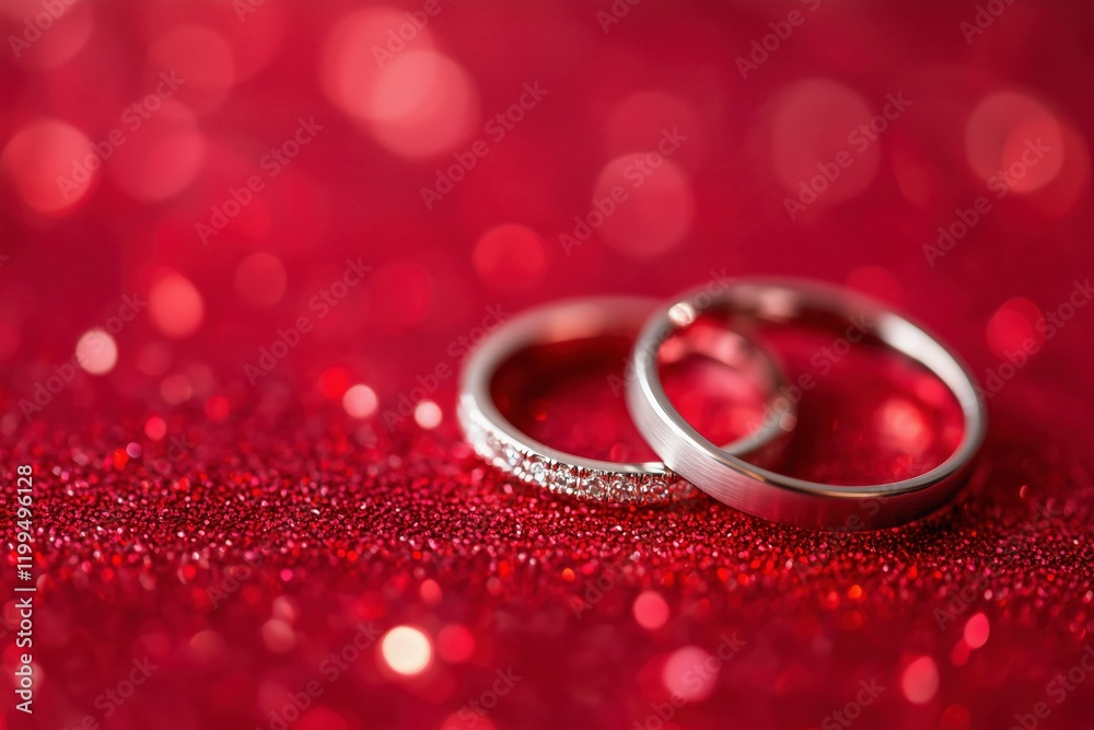 Two wedding rings are placed on a red background. The rings are silver and have a shiny appearance. The red background adds a sense of warmth and intimacy to the scene Two wedding rings are placed on a red background. The rings are silver and have a shiny appearance. The red background adds a sense of warmth and intimacy to the scene