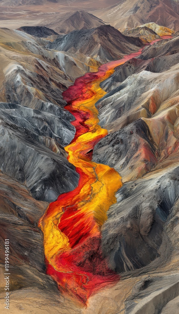 Obraz premium Aerial view of vibrant red and yellow river flowing through a mountainous terrain.