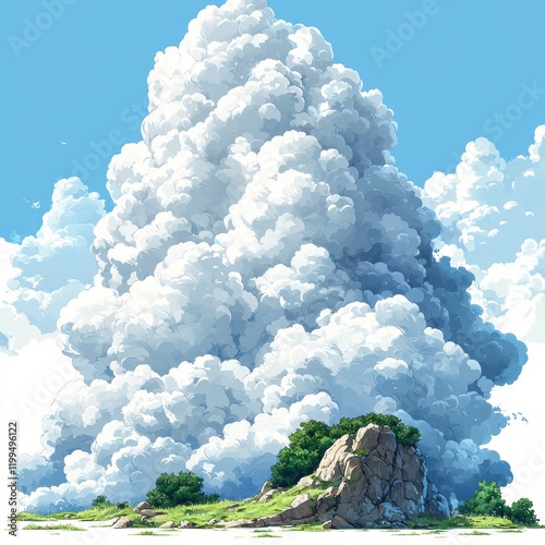 Massive fluffy cloud formation over rocky landscape in bright blue sky