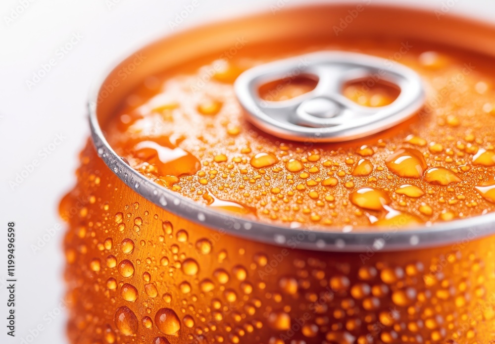 Close-Up of an Orange Beverage Can with Dewy Surface, Capturing the Refreshing Essence of a Cold Drink on a Bright Background Close-Up of an Orange Beverage Can with Dewy Surface, Capturing the Refreshing Essence of a Cold Drink on a Bright Background