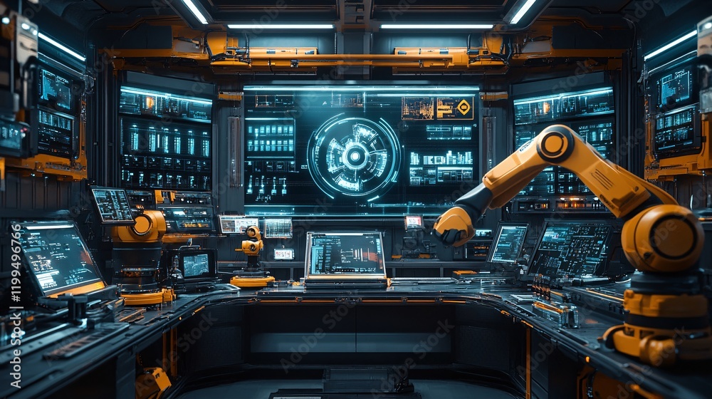 Fototapeta premium Smart robotic arms in a digital factory, showcasing Industry 4.0 automation and IoT software controlling the manufacturing process for efficient production.