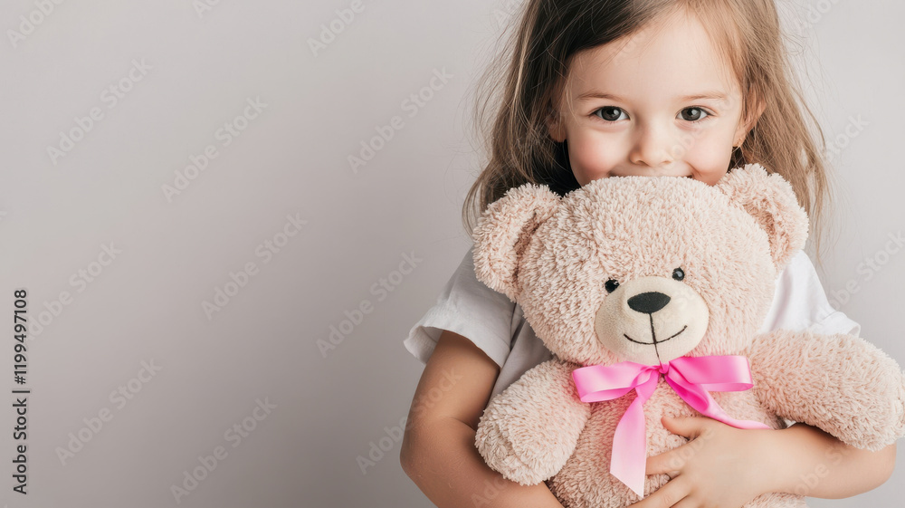 Business-Themed Visuals for World Cancer Day Concept, World Cancer Day Themed, joyful child hugging soft teddy bear with pink ribbon Business-Themed Visuals for World Cancer Day Concept, World Cancer Day Themed, joyful child hugging soft teddy bear with pink ribbon