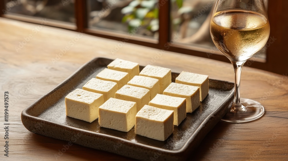Fresh Tofu and Wine on Wooden Table Fresh Tofu and Wine on Wooden Table