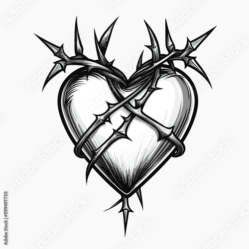 Heart wrapped in barbed wire, old school tattoo vector