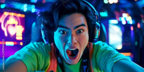 An excited gamer immersed in the virtual world captures the thrill of gaming in vibrant colors. Headphones amplify the audio experience. A modern gaming setup adds to the atmosphere. AI photo