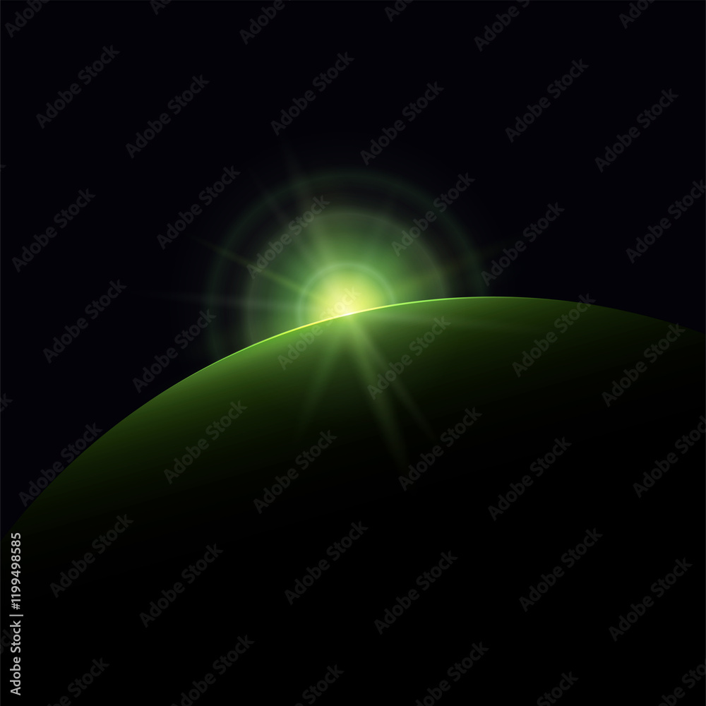 Obraz premium View from space, green star rises above the planet, the sun rising over the earth, rays and glare over the earth , space background, illustration