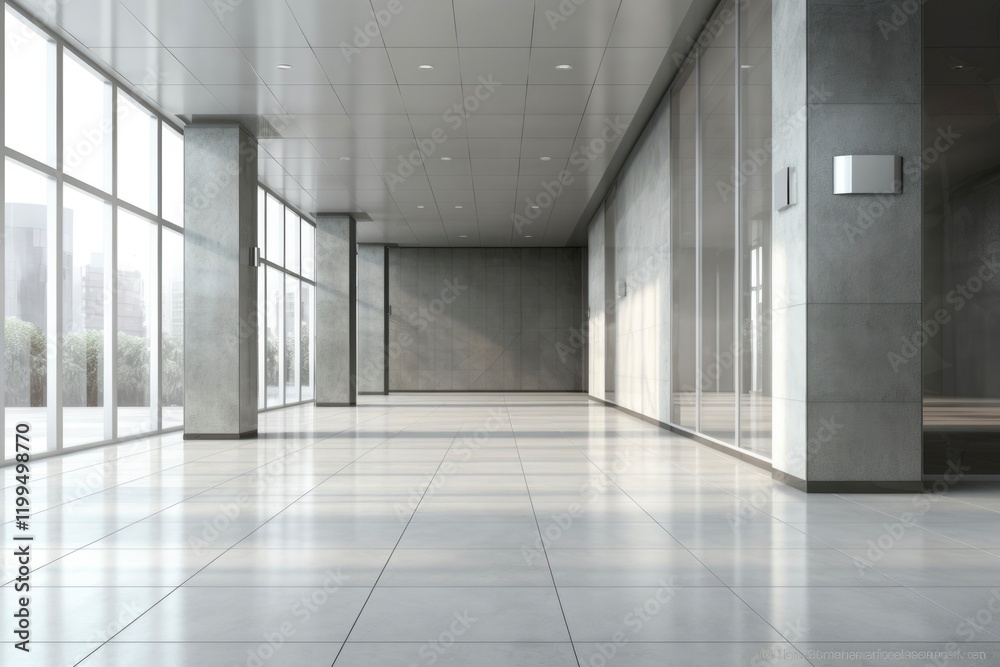Fototapeta premium Modern Architecture: Gray Office Corridor with Mock-up Wall and Window