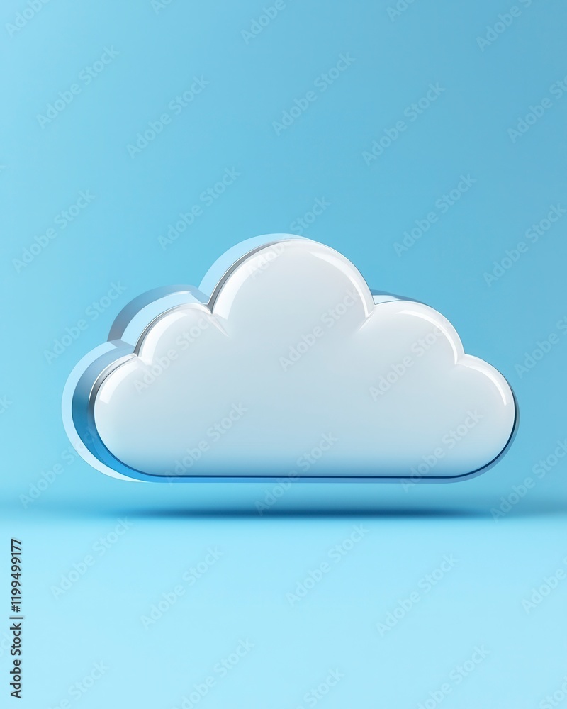 Sleek 3D Cloud Symbol on Blue Background with Reflective Surface, Perfect for Modern Digital Designs and Technical Graphics, Low-Resolution Compatible Sleek 3D Cloud Symbol on Blue Background with Reflective Surface, Perfect for Modern Digital Designs and Technical Graphics, Low-Resolution Compatible