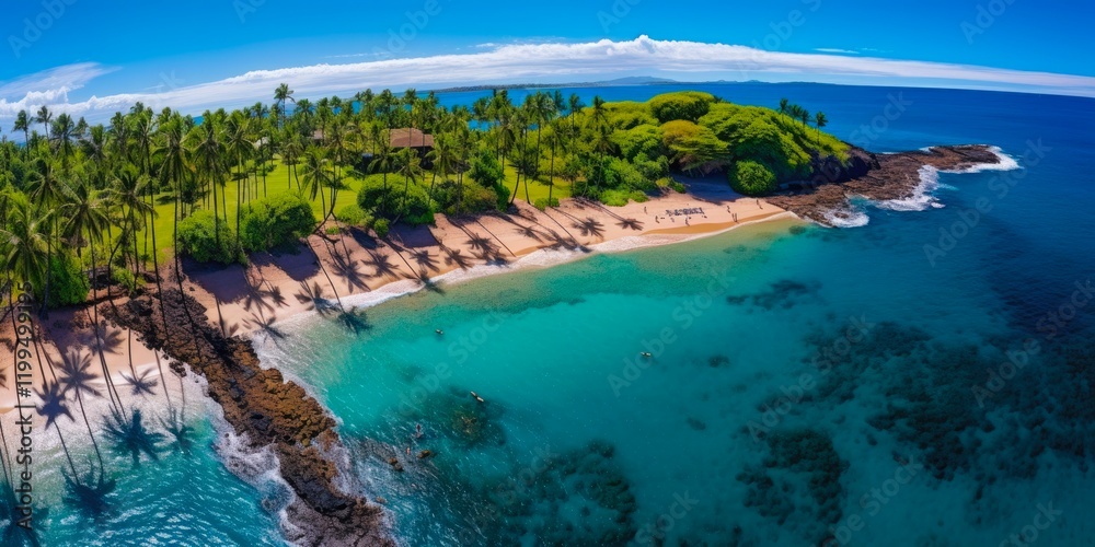 Obraz premium Napili Bay Aerial Panorama on the Beautiful Maui Coastline in Hawaii. Sandy Beach Protected by an Outer Reef with Stunning Blue Landscapes