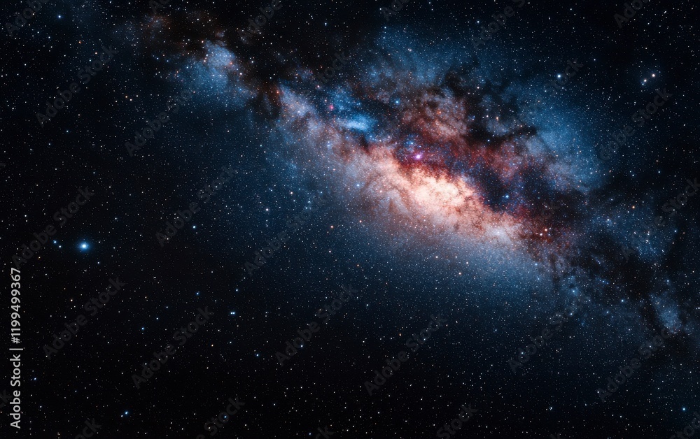 Stunning view of a vast cosmic expanse showcasing a vibrant galaxy with swirling colors and clusters of stars, perfect for capturing the beauty of the universe in remote wilderness.