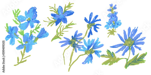 Clip art blue flowers drawn with wax crayons on white isolated background. Children's botanical collection of oil pastel illustrations. Designs for greeting cards, stickers, social media, posters.