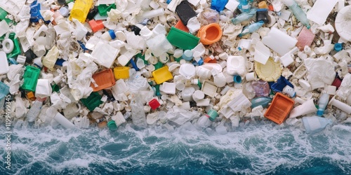 environmental impact pollution policy concept. Plastic waste accumulates on a shore, contrasting with the ocean waves below.