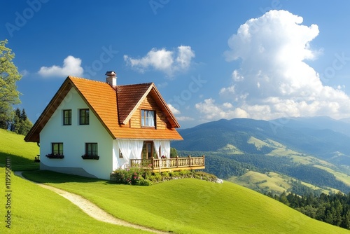 Casa rústica de madera en una colina verde con cielo azul y nubes photo