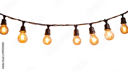 A string of vintage-style light bulbs glowing warmly, creating a cozy and inviting atmosphere. Ideal for outdoor dining or festive occasions. photo