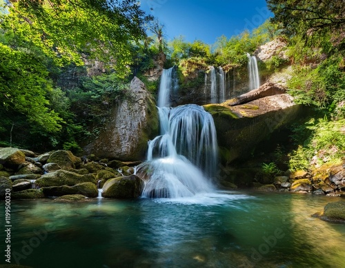 serene waterfall flowing over rocks into a tranquil pool capturing the essence of nature s beauty and the soothing sound of cascading water photo