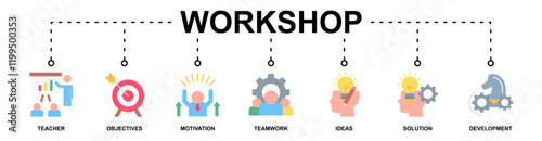 workshop banner web icon vector illustration concept for teacher, objectives, motivation, teamwork, ideas, solution, development