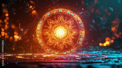 Vibrant cosmic mandala with glowing symbols and intricate patterns. Radiating energy, circular geometry, mystical design, spiritual representation, vivid colors, abstract art. Generative AI.