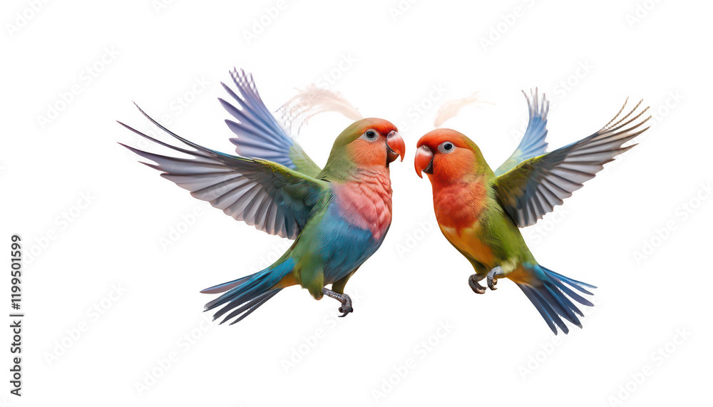 Fototapeta premium A pair of colorful lovebirds flying towards each other, their wings forming a heart as they meet in mid-air, against a soft sunset background, on a white transparent background PNG