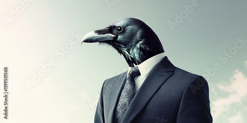 Man with crow head in formal attire under a cloudy sky photo