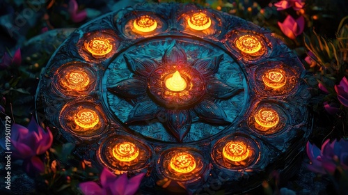 Vibrant cosmic mandala with glowing symbols and intricate patterns. Radiating energy, circular geometry, mystical design, spiritual representation, vivid colors, abstract art. Generative AI.