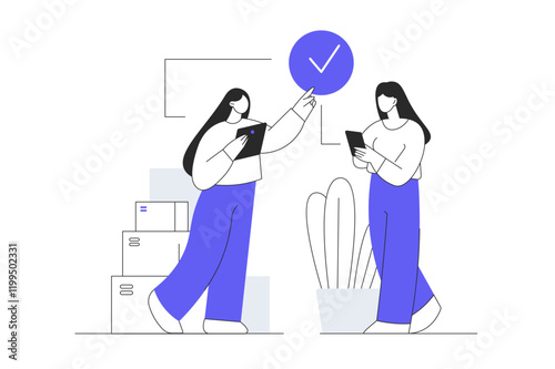 Delivery service concept. Character receives postal parcels in box at home and paying for courier service fast shipping. Flat Cartoon Vector Illustration, icon. Stylish abstract Modern