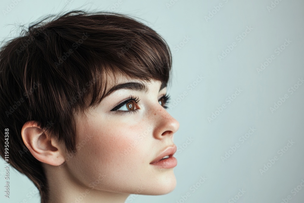 Soft light highlights delicate features and stylish short hairst Soft light highlights delicate features and stylish short hairst