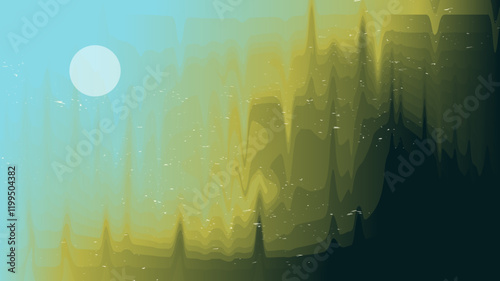 Vector illustration. Abstract eerie forest shrouded in dense fog with a mysterious glow. Dark silhouettes and distorted textures create a haunting atmosphere. Panoramic wallpapers