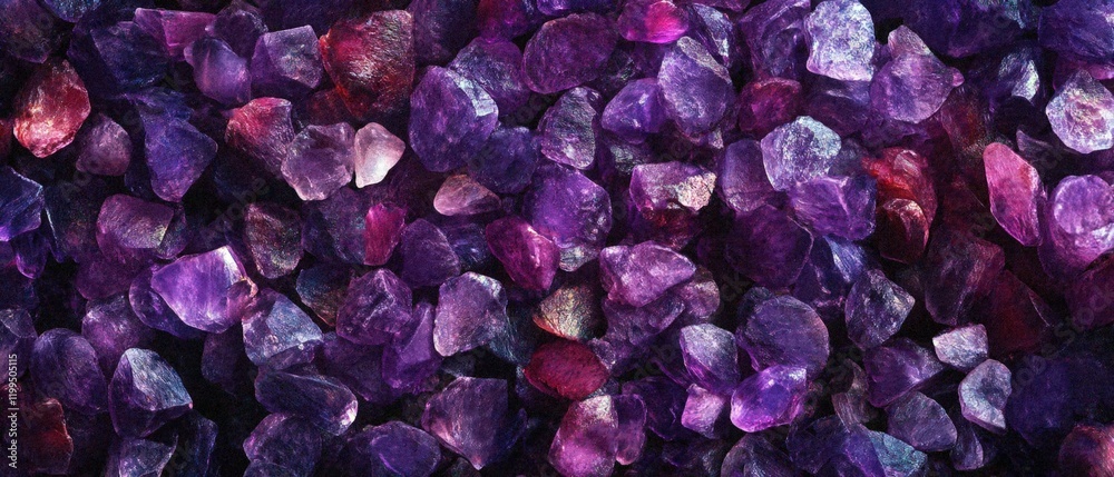Fototapeta premium Close-up of raw amethyst crystal fragments showing deep purple hues and natural facets, with light reflecting off crystalline surfaces creating a mystical gemstone texture. Generative AI