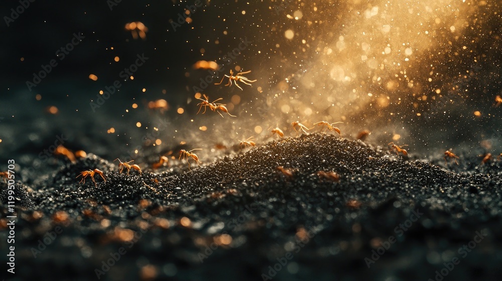 Swarm of ants on soil illuminated by golden light, displaying motion and teamwork. Dynamic composition, natural behavior, cooperative colony, insects in their habitat. Generative AI Swarm of ants on soil illuminated by golden light, displaying motion and teamwork. Dynamic composition, natural behavior, cooperative colony, insects in their habitat. Generative AI