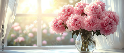Fototapeta Naklejka Na Ścianę i Meble -  Beautiful pink peonies in a vase beside a sunlit window with a garden view in the background during a warm afternoon. Generative AI