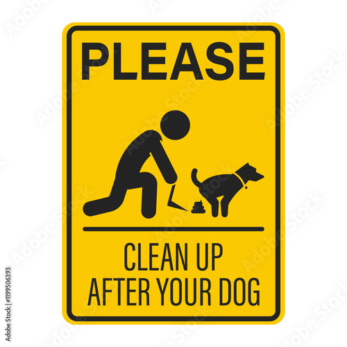 Isolated pictogram sign of a person scooping and cleaning up dog poop, clean up after your dog poop on park signage