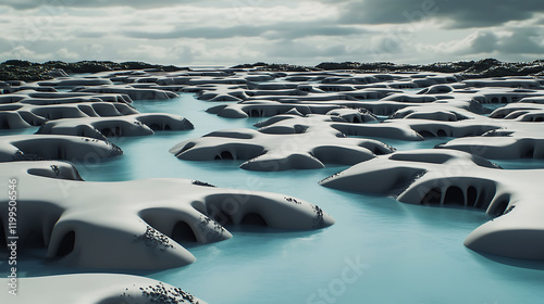 Abstract, surreal landscape of sculpted, icelike formations surrounding tranquil turquoise water.  Ideal for science fiction, fantasy, or environmental themes. Evokes mystery and otherworldly beauty. photo