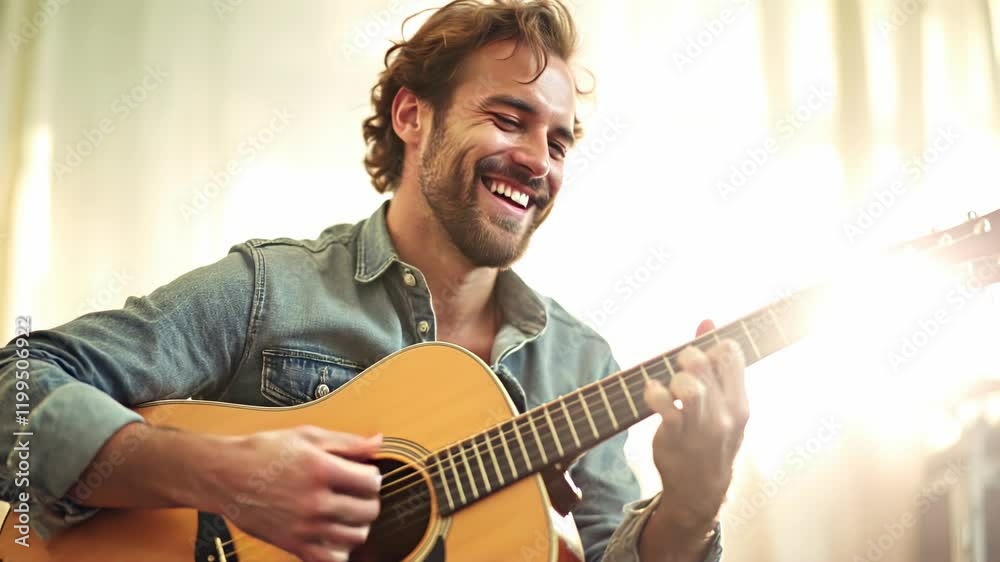 Joyful acoustic guitarist strumming energetic melodies in sunlit room