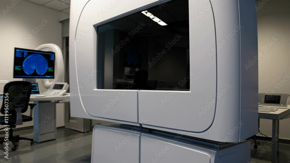 Sophisticated medical equipment displays a detailed brain scan on its monitor, positioned within a sterile and modern hospital room, suggesting advanced diagnostic capabilities Sophisticated medical equipment displays a detailed brain scan on its monitor, positioned within a sterile and modern hospital room, suggesting advanced diagnostic capabilities
