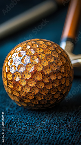 Unique wooden golf ball with detailed texture resting on a blue cloth background nearby golf clubs and equipment. Generative AI