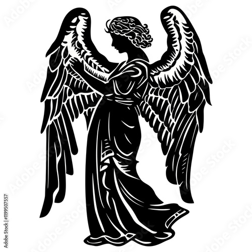 Vintage woodcut engraving style vector illustration angel silhouette white vector